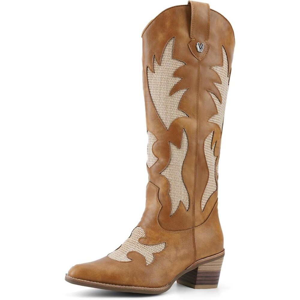 Women's Mid Calf Pointed Toe Chunky Heel Western Embroidered Brown Boots